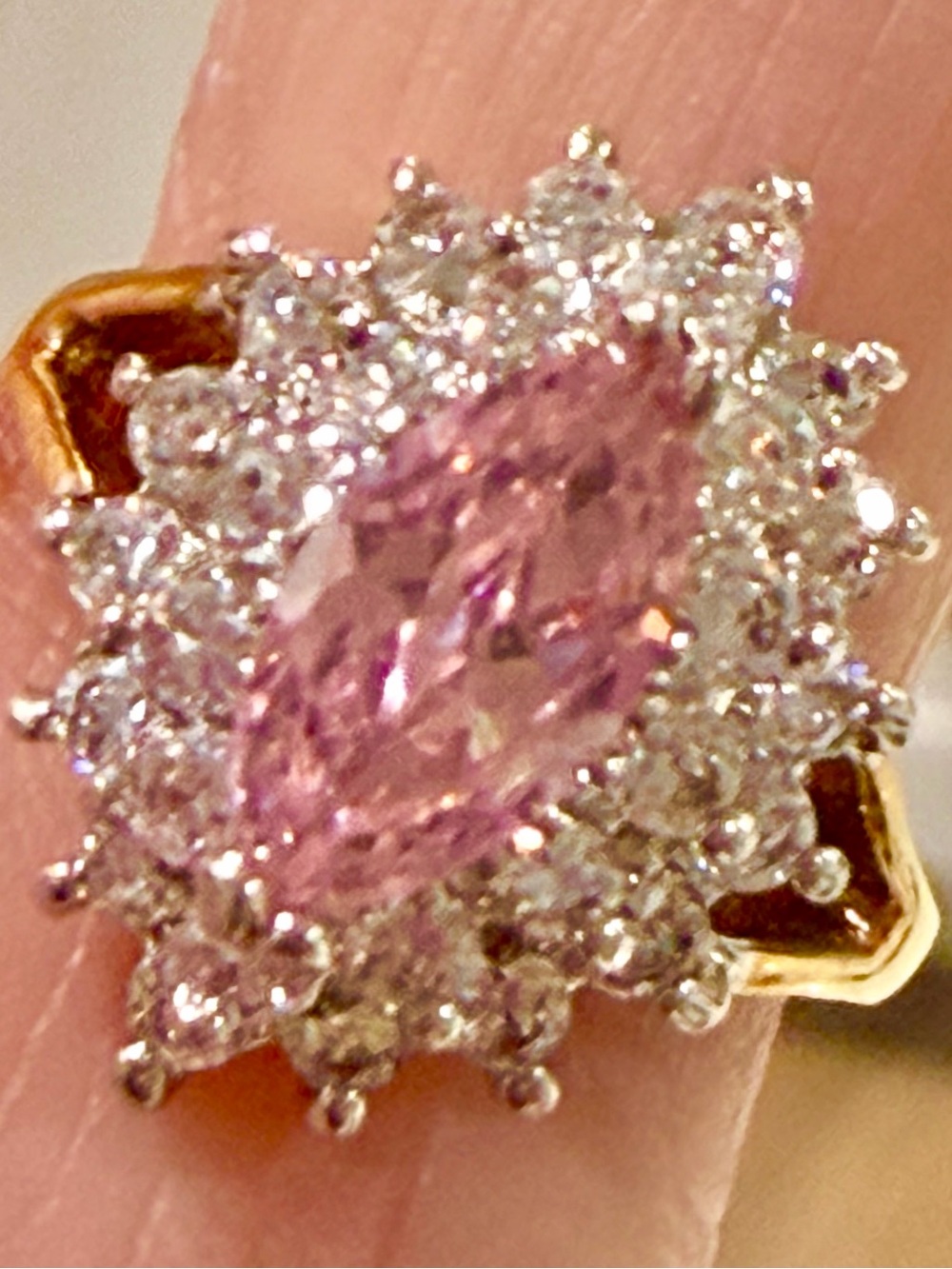 925 Gold Plated Pink Stone Cluster Ring Surrounded by CZ Diamonds Size 5